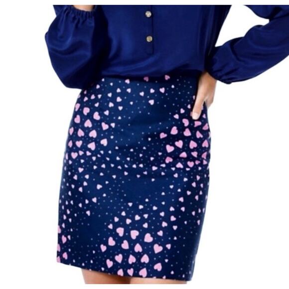 Lilly Pulitzer Adler Skirt in True Navy w/ Pink Heart Jacquard Size 2 NWOT $128 - Picture 1 of 12